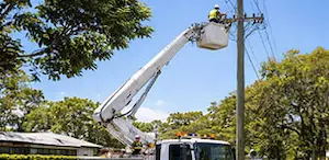Energex bucket truck performing maintenance work on an electricity pole in a Queensland street.