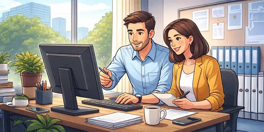 Illustration of two people reviewing documents at a computer, representing the Energy and Water Ombudsman Queensland complaint review process.
